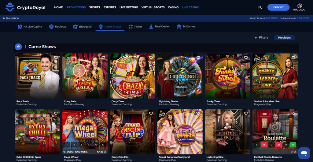 The live casino at Crypto Royal is packed with exciting live game shows from Evolution