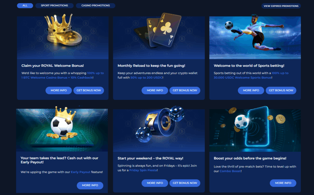 There are various promotions and bonuses to claim at Crypto Royal online casino