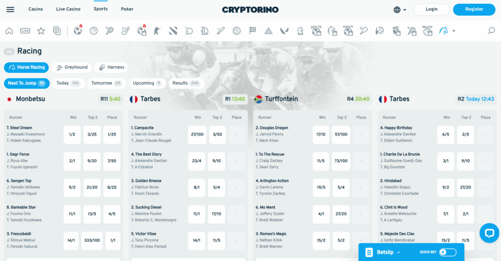 Bet on horse racing at Cryptorino