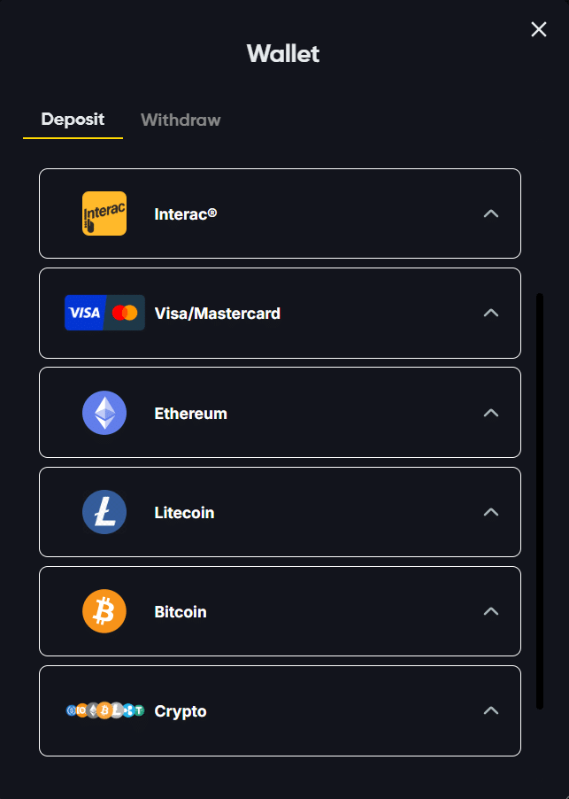 Deposit crypto and fiat at Instant Casino