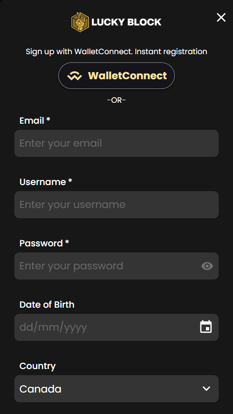 Register at Lucky Block Casino with an email and password
