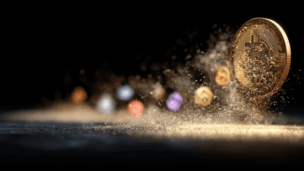 A golden Bitcoin coin in the background, slowly dissolving into dust