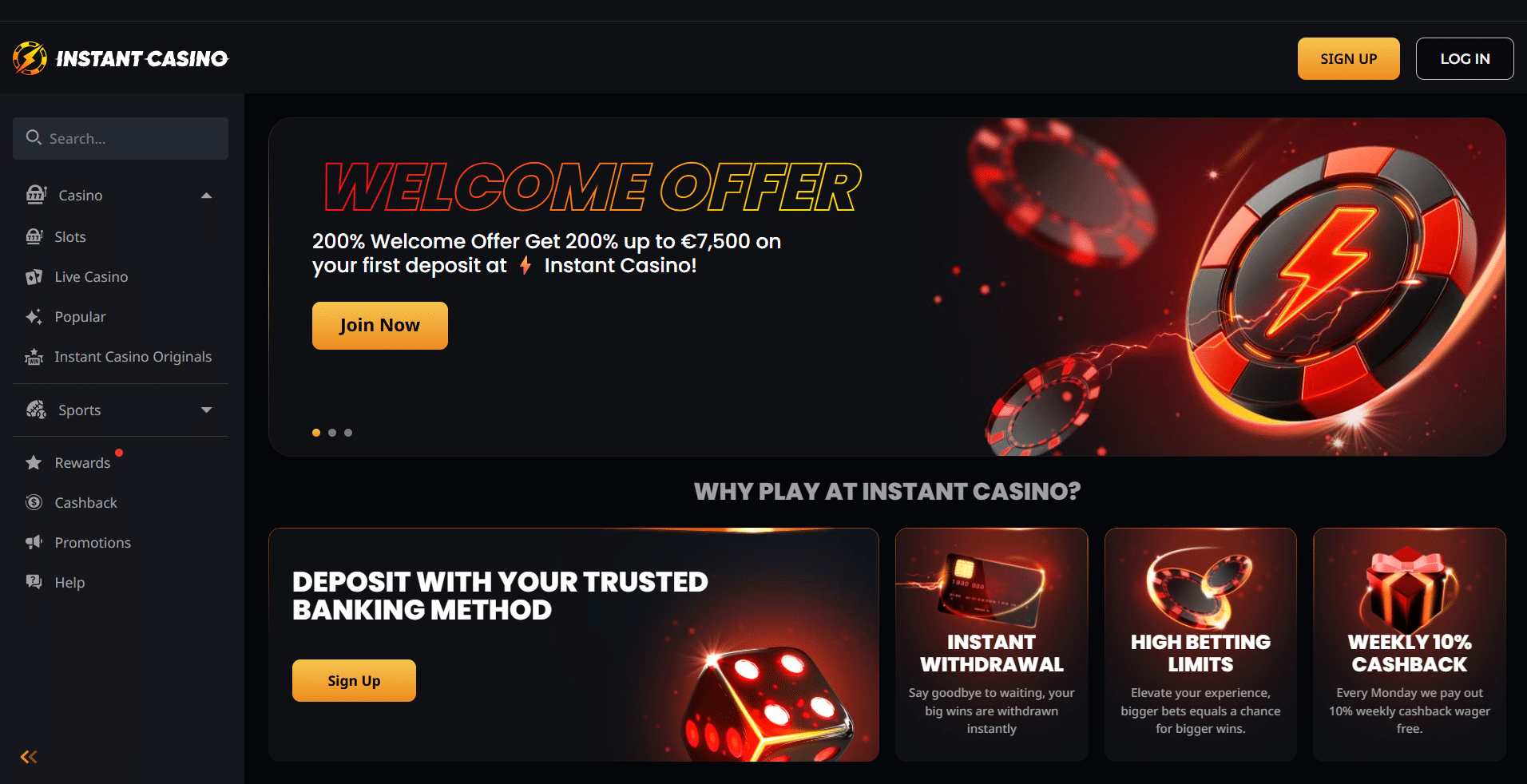 Join Instant Casino for a €7,500 welcome bonus and 10% weekly cashback