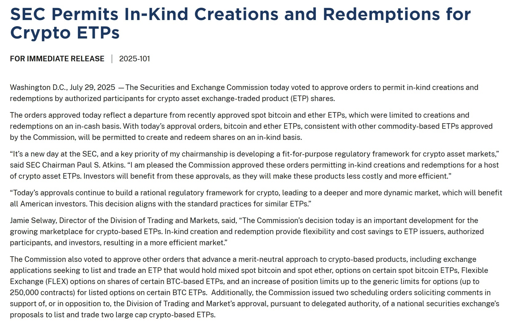 SEC ETF Approval for creations and redemptions