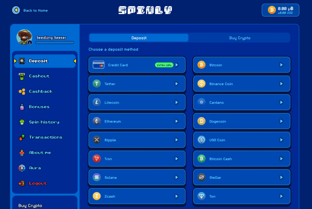 Deposit with cryptocurrency at Spinly Casino