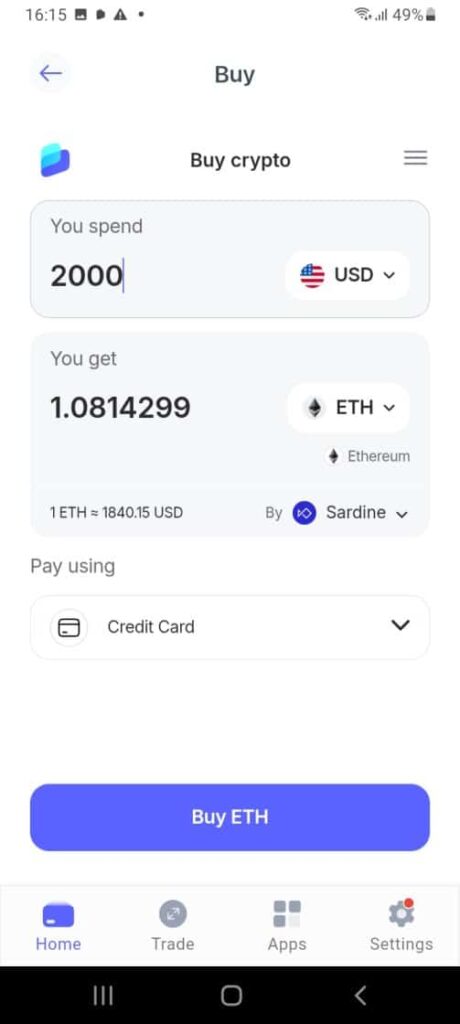 La funzione integrata di Best Wallet che consente di comprare criptovalute tramite fiat