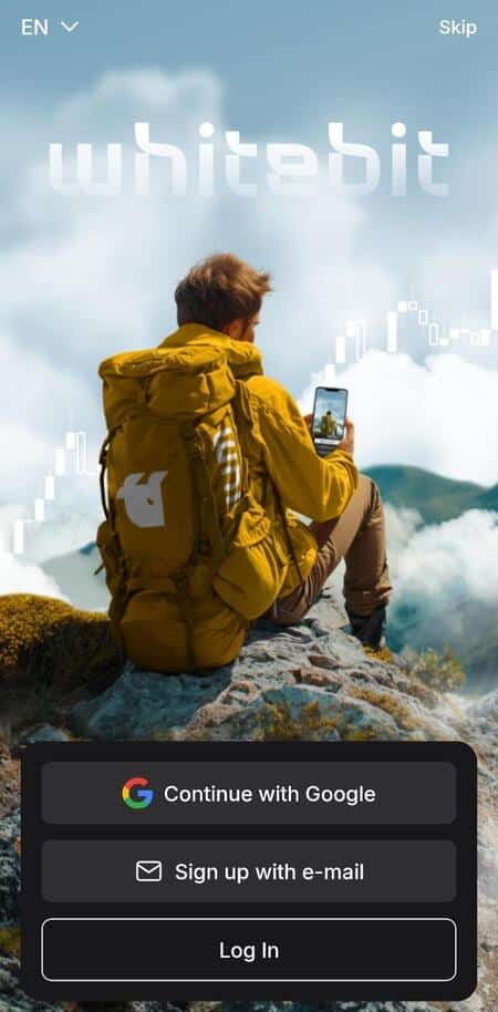 Welcome screen on the WhiteBIT app