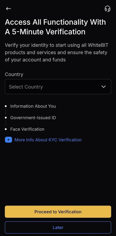 Initial verification screen in the WhiteBIT app