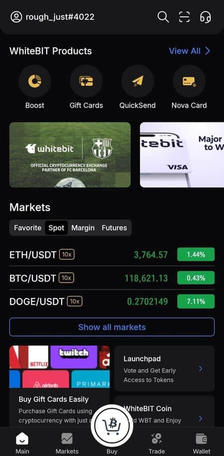Overview of the WhiteBIT Android app