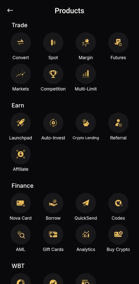 The WhiteBIT app features a section that lists all its products in one place