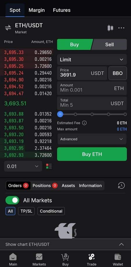 Trading window in WhiteBIT app