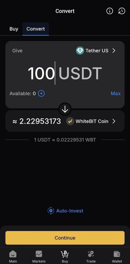 You can buy WhiteBit tokens through the Convert feature
