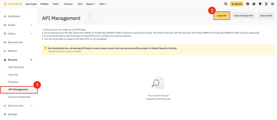 API Management section in the Account area on Binance. 
