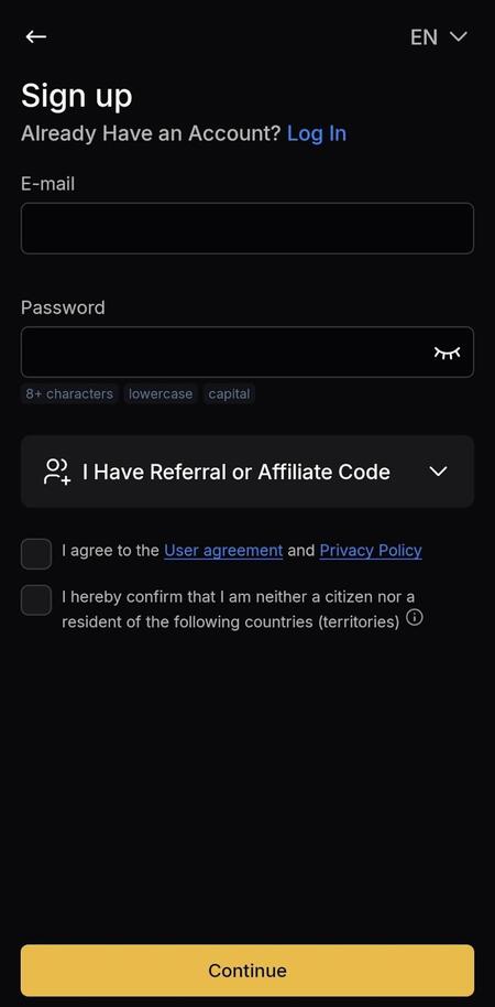 Sign up screen in WhiteBIT app