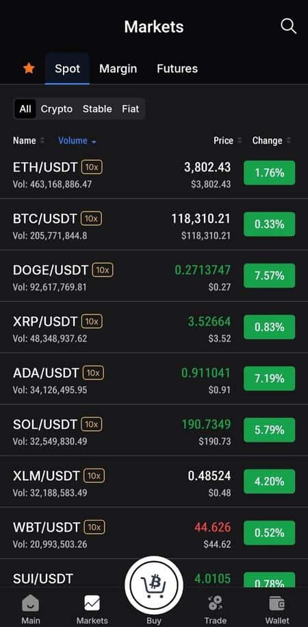 You can find all three main trading types with supported assets in the same location on the WhiteBIT app