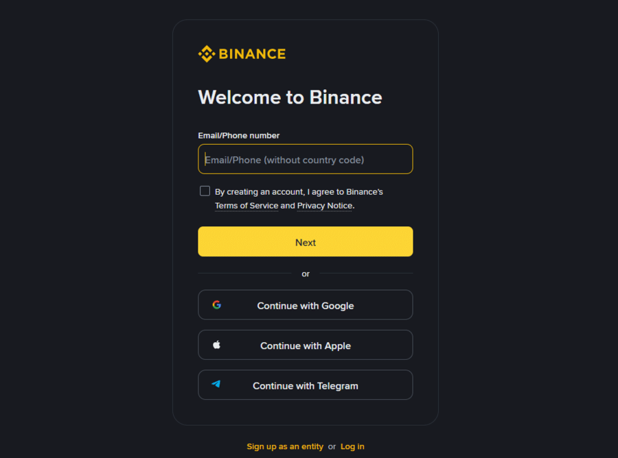Registration window on Binance.