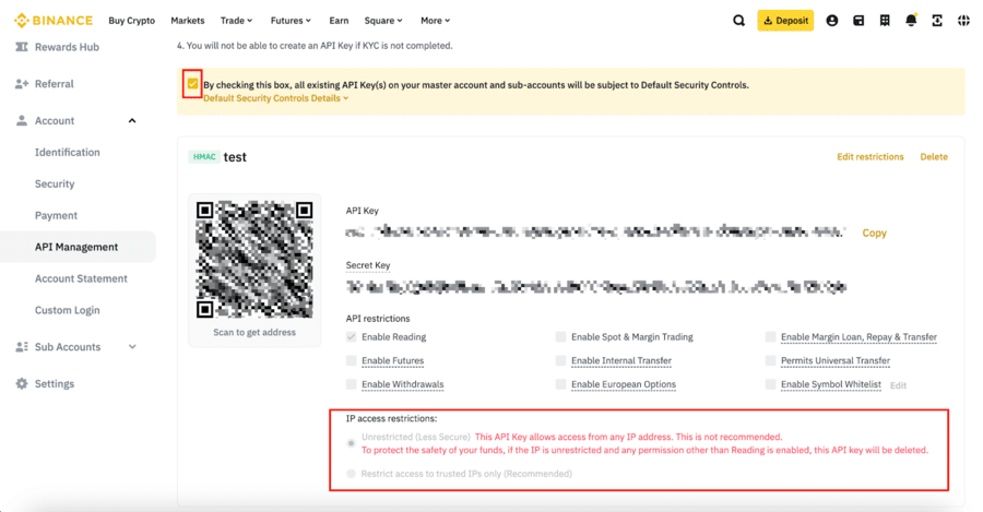 API Management options and IP access restrictions on Binance.