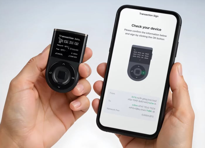 Look at the D’CENT Biometric Wallet together with the companion app.