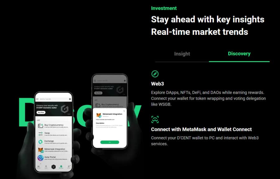 Overview of the D’CENT Mobile App Discovery tab, the wallet’s dApp explorer