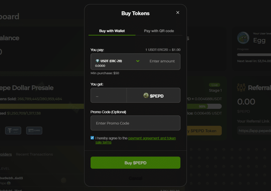 The buying stage on the Pepe Dollar dashboard