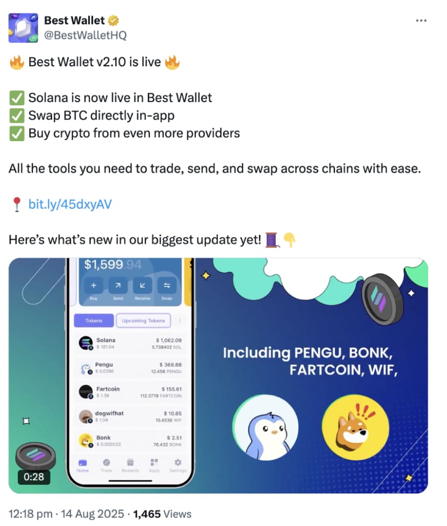 Best Wallet, fresh from receiving WalletConnect Certified accreditation, has launched Solana chain support and full BTC swaps.