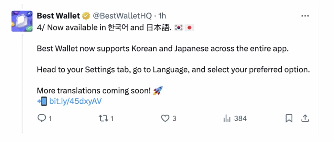 Best Wallet, fresh from receiving WalletConnect Certified accreditation, has launched Solana chain support and full BTC swaps.