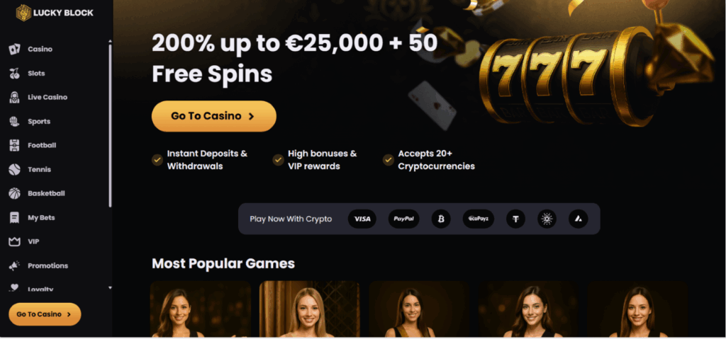 Get your hands on a 200% bonus capped at $25k and 50 free spins on Lucky Block Casino