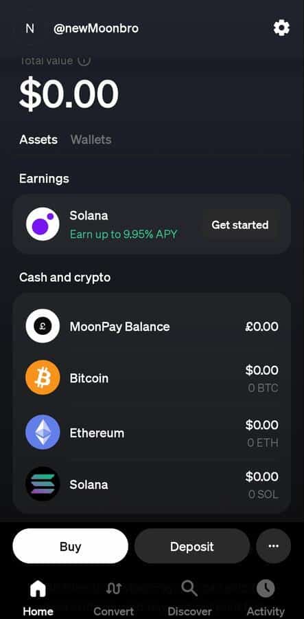 Main page of the MoonPay Android app