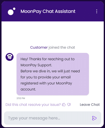 Live chat support on MoonPay
