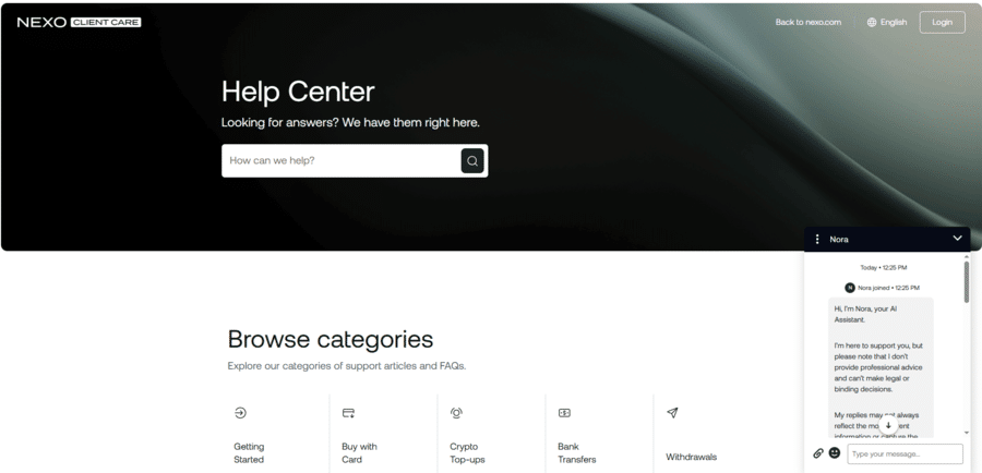 Nexo’s Help Center with Nora AI in the bottom right
