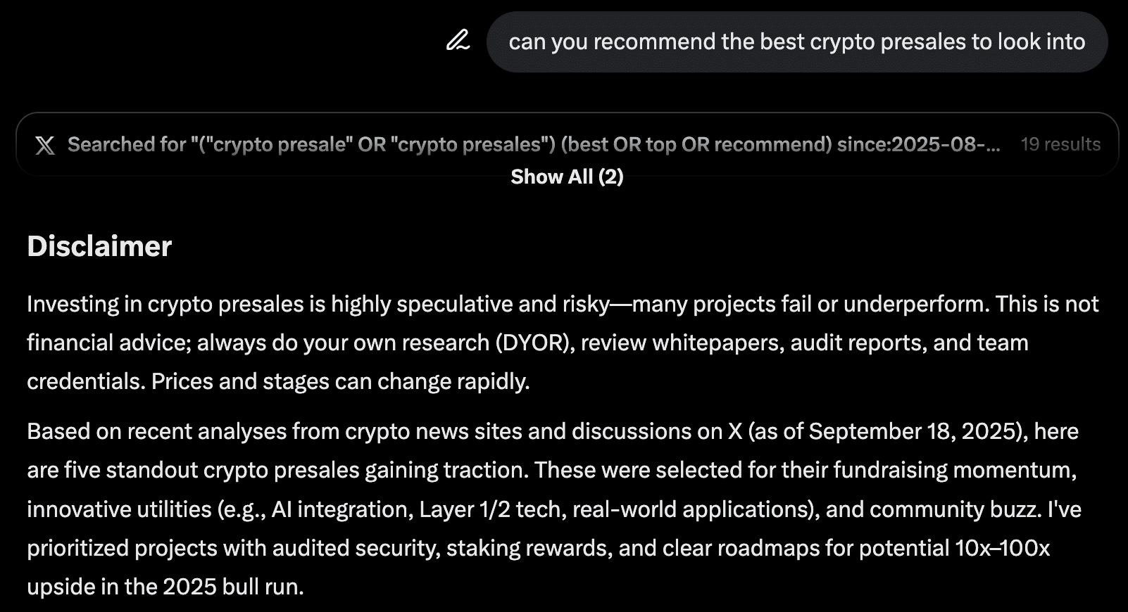AI Bot Grok 4 Recommends The Best Crypto Presales To Invest In