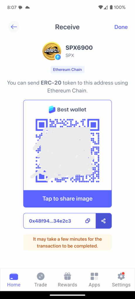 Receive SPX6900 in Best Wallet