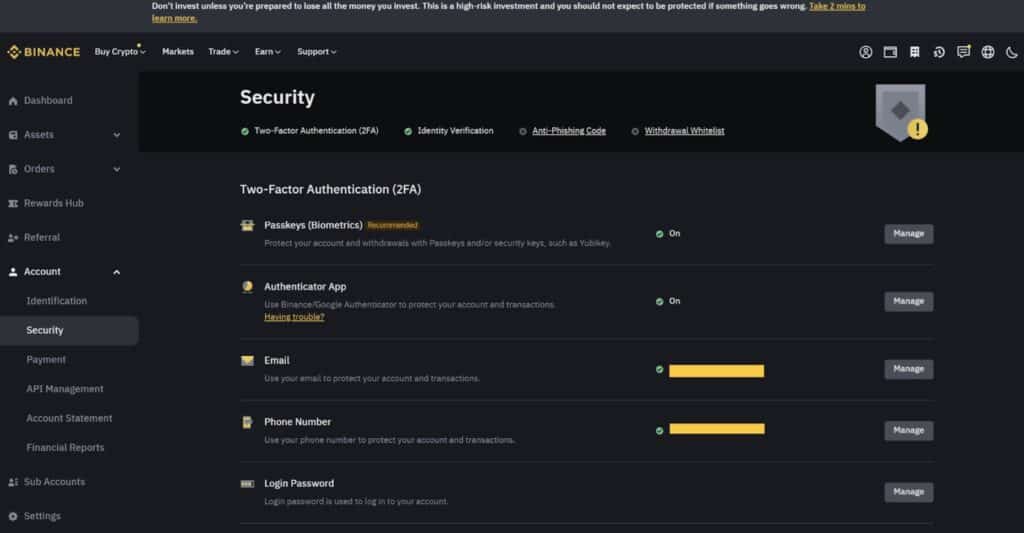 Secure your account on Binance