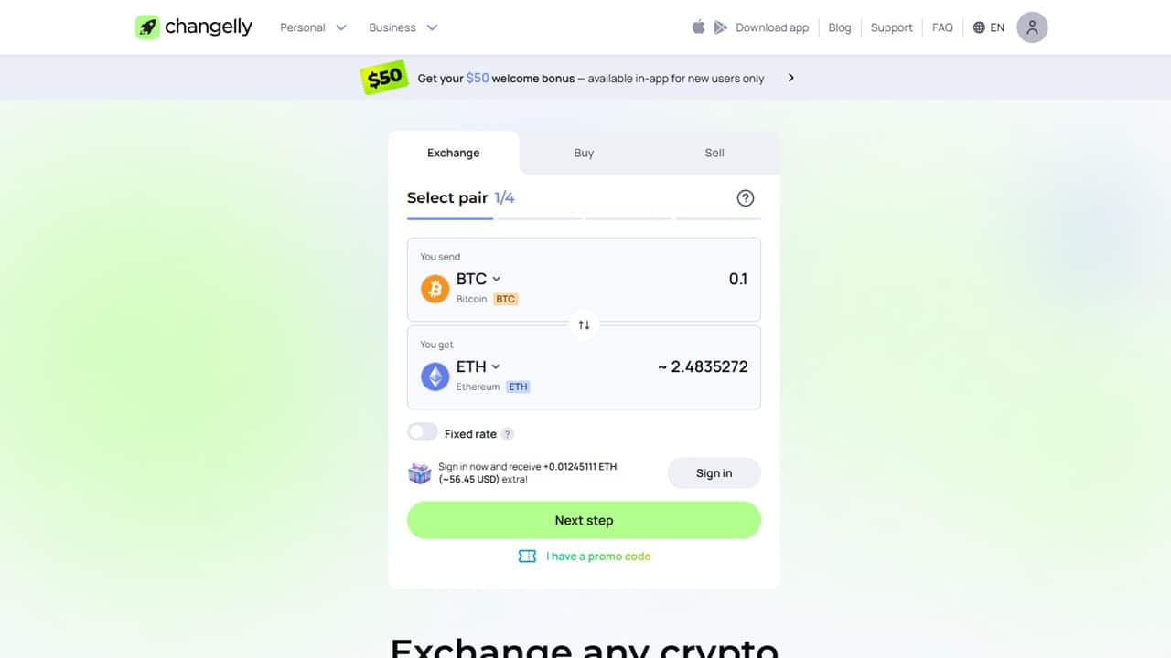 Changelly homepage
