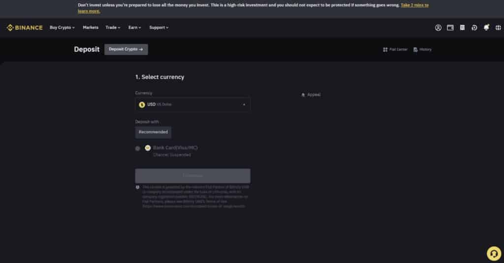 depositing crypto on binance