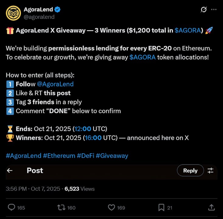 AgoraLend Giveaway Twitter