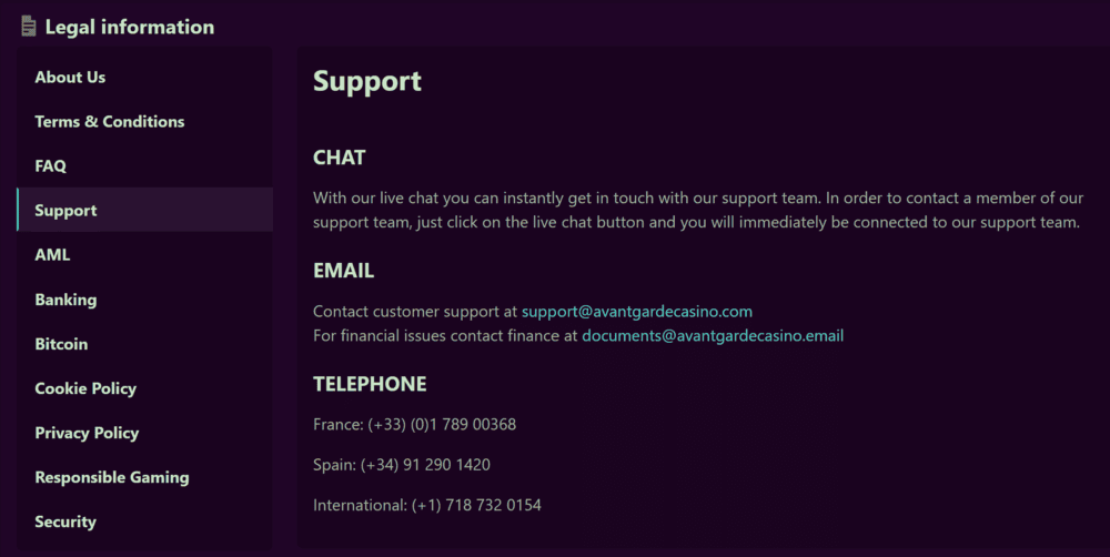 Avantgarde Casino Customer Support Info