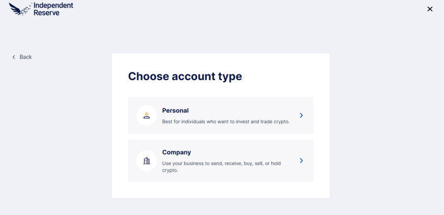 Choosing the account type on Independent Reserve