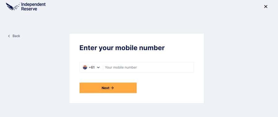 Phone number verification step on Independent Reserve