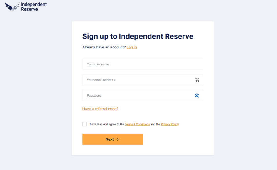 Start of the registration process on Independent Reserve
