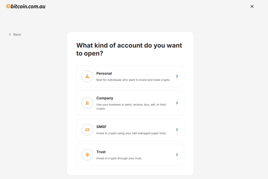 Choosing the account type on bitcoin.com.au