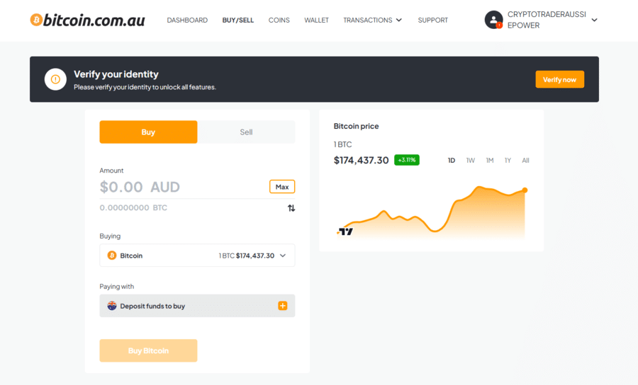 The exchange section of bitcoin.com.au