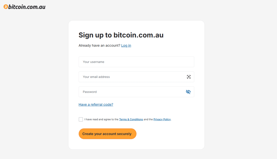 Registration window on Bitcoin.com.au