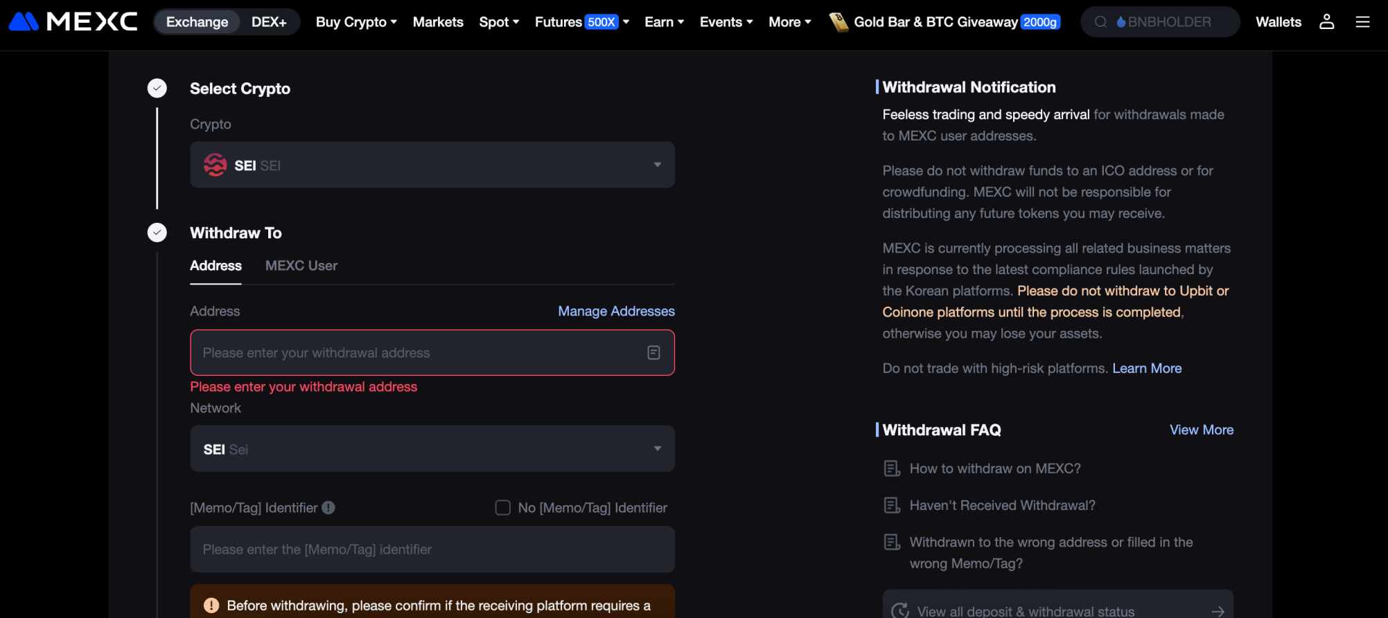 Withdraw Sei from MEXC to a private wallet