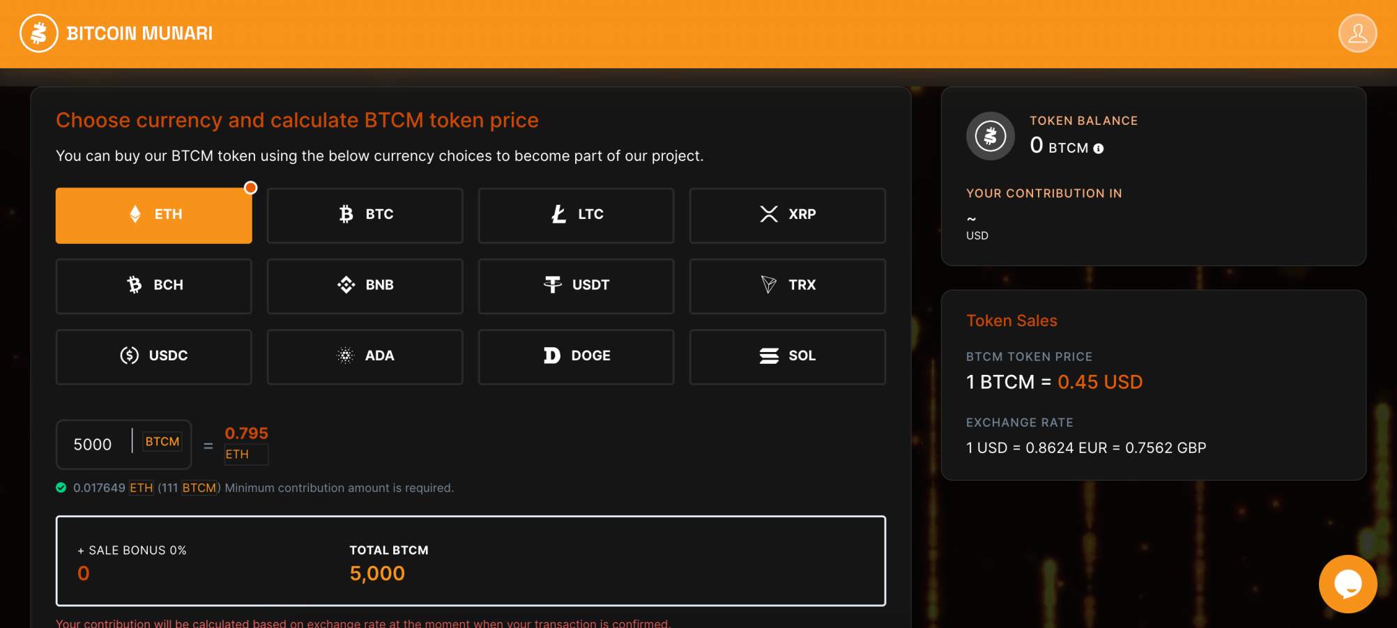 Bitcoin Munari presale dashboard
