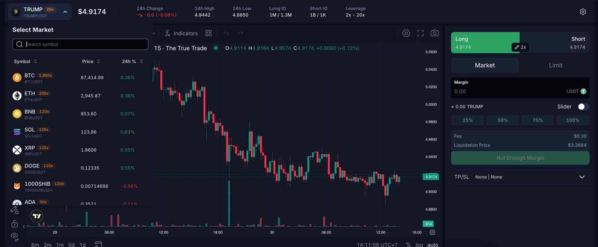 The True Trade DEX search for a market