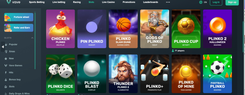 Screenshot der Plinko-Spieloberfläche bei NV Casino mit Gewinntabelle