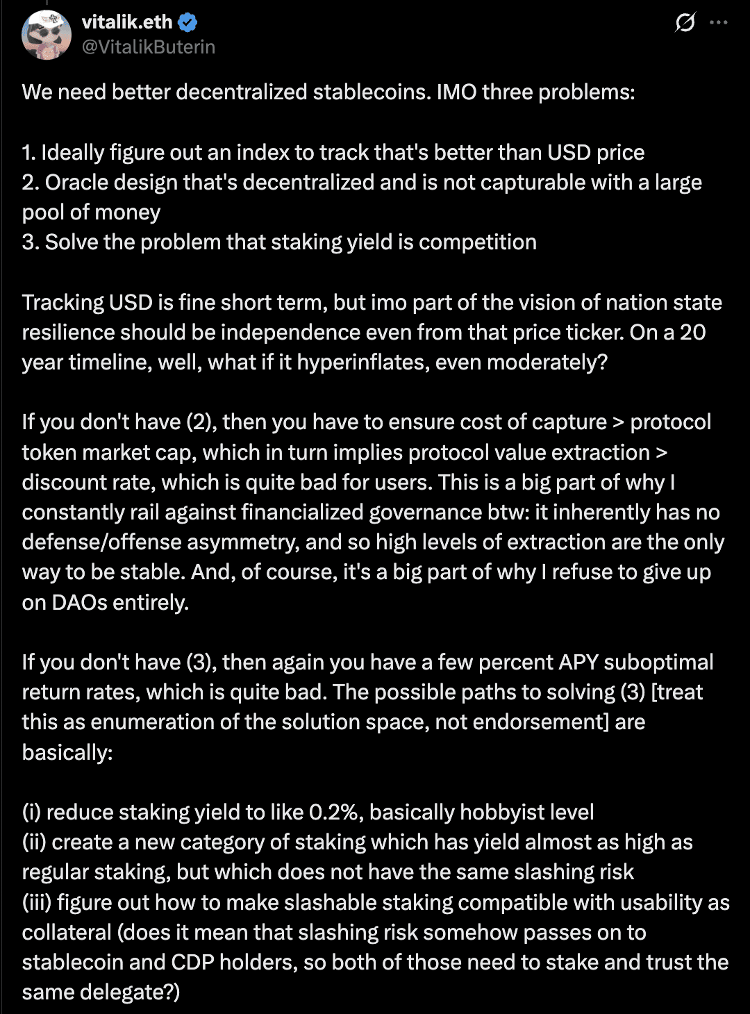 The Ethereum co-founder has sparked an intense conversation regarding crypto's heavy reliance on USD-backed stablecoins and sends a warning