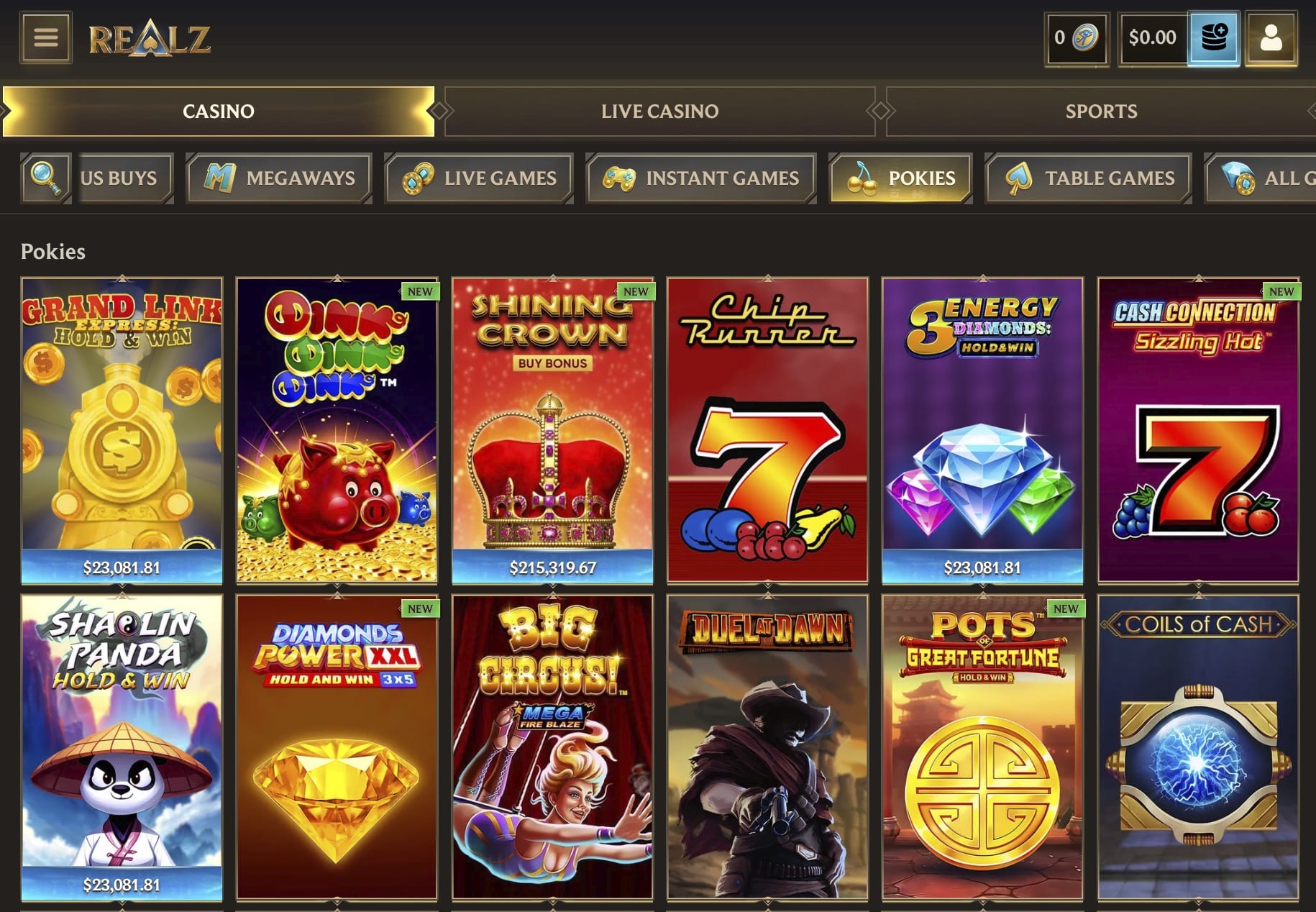 Casiny online casino interface screenshot