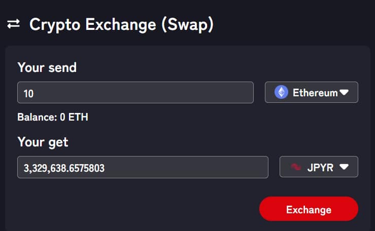 Swap ETH for JPYR on IZAKA-YA.